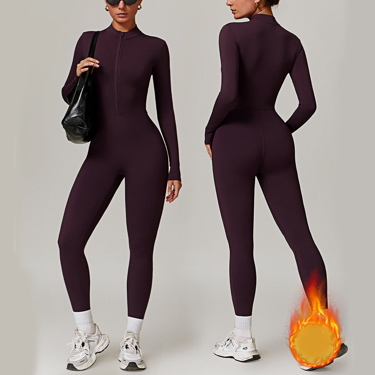 Warm Zipper Long-sleeved Jumpsuit Yoga Fitness Sports Pants Breathable Bodysuit